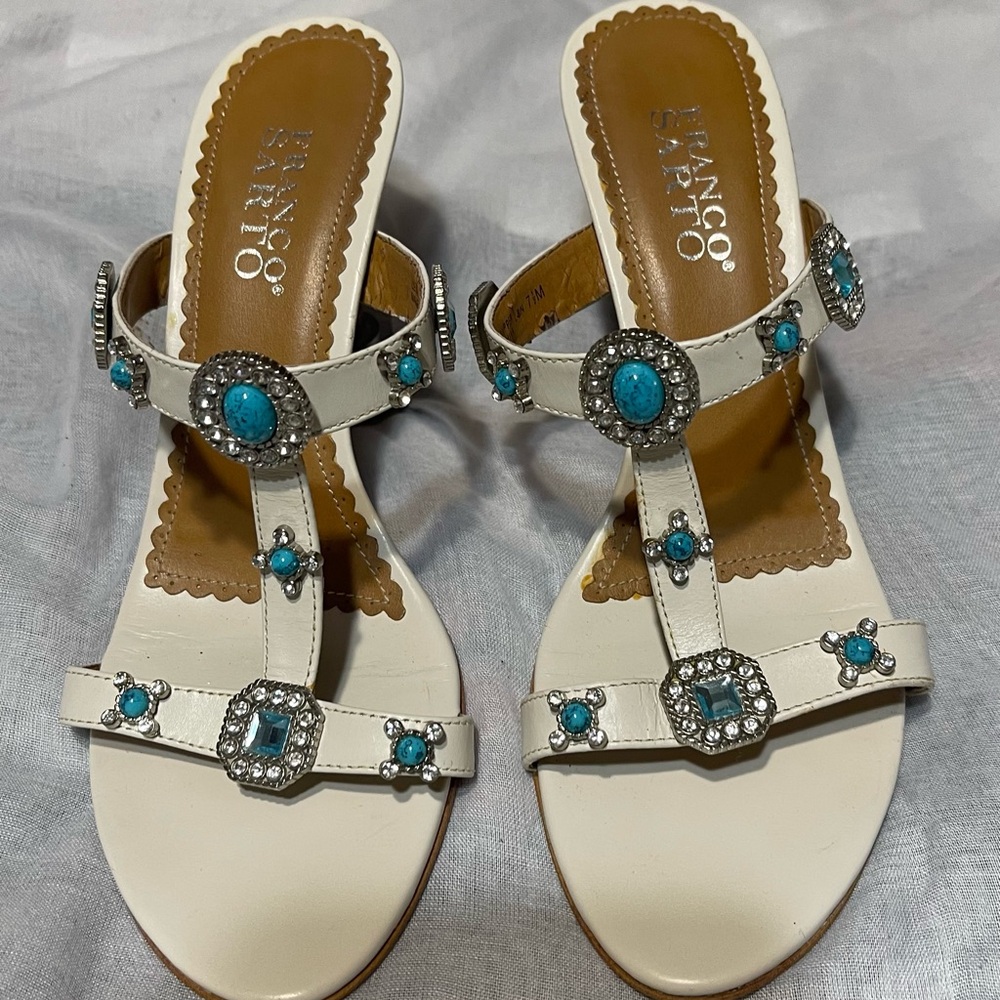 Franco Sarto White and Turquoise Embellished Sandals